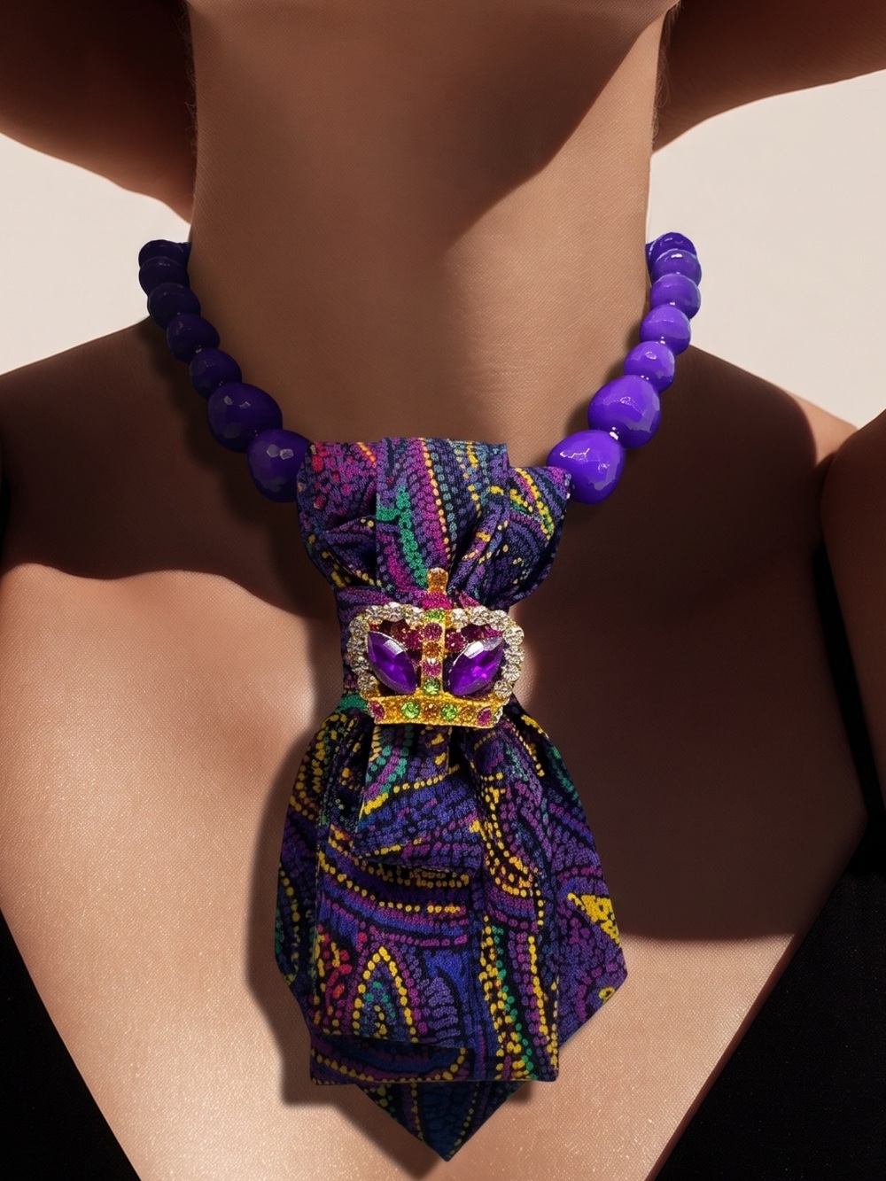 CHIC CHICK UPCYCLE | Purple Beaded Tie Necklace with Gem-Embellished Crown